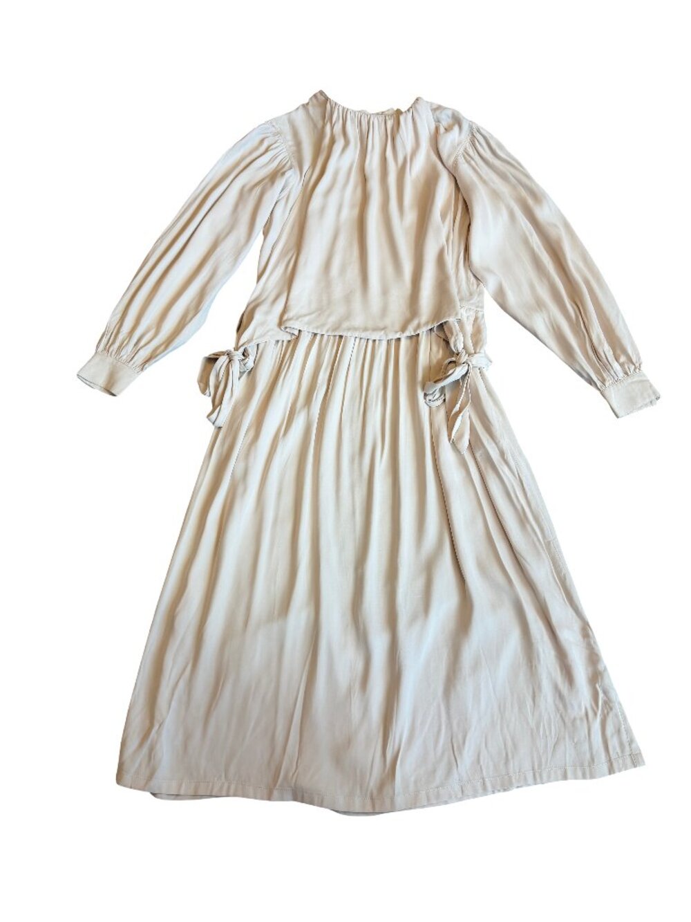 Ninety Percent Beige Midi Dress Long Sleeve Tie Waist Apron Front Small Women's
